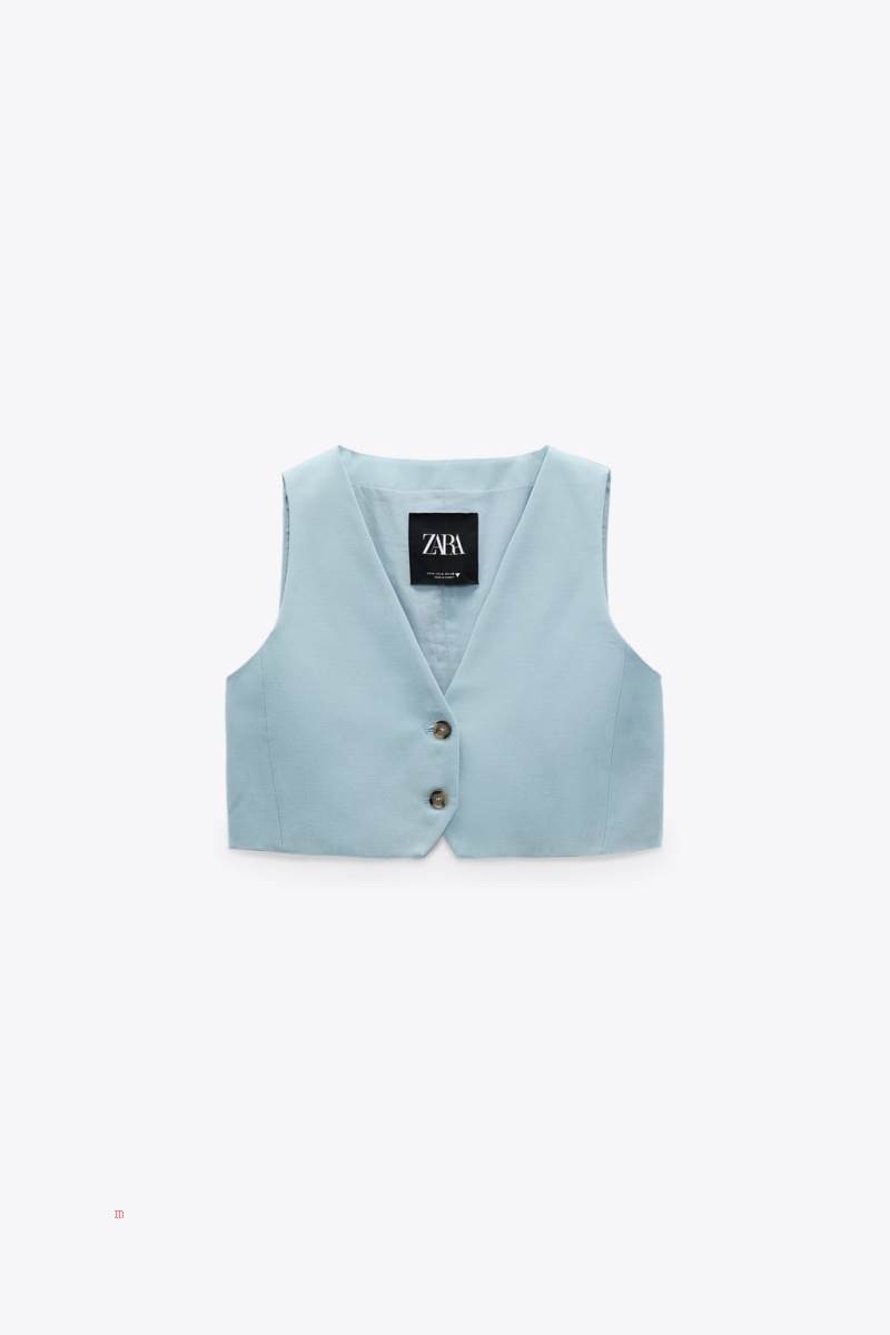 ZARA LINEN BLEND CROPPED Kostym Väst Dam Blå | NSELT-2167