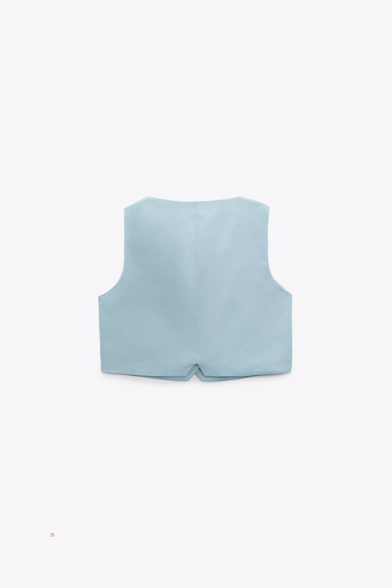 ZARA LINEN BLEND CROPPED Kostym Väst Dam Blå | NSELT-2167