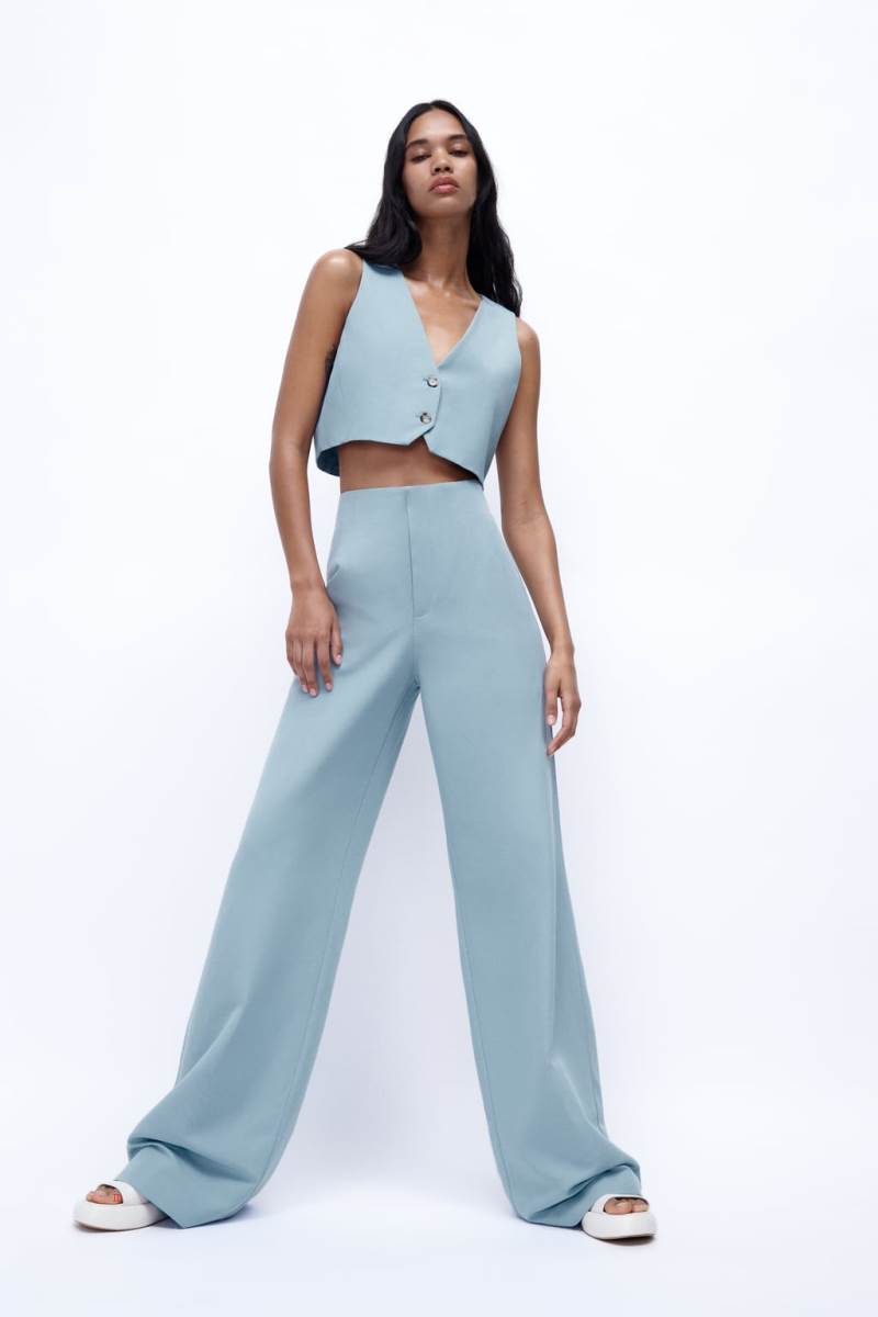 ZARA LINEN BLEND CROPPED Kostym Väst Dam Blå | NSELT-2167