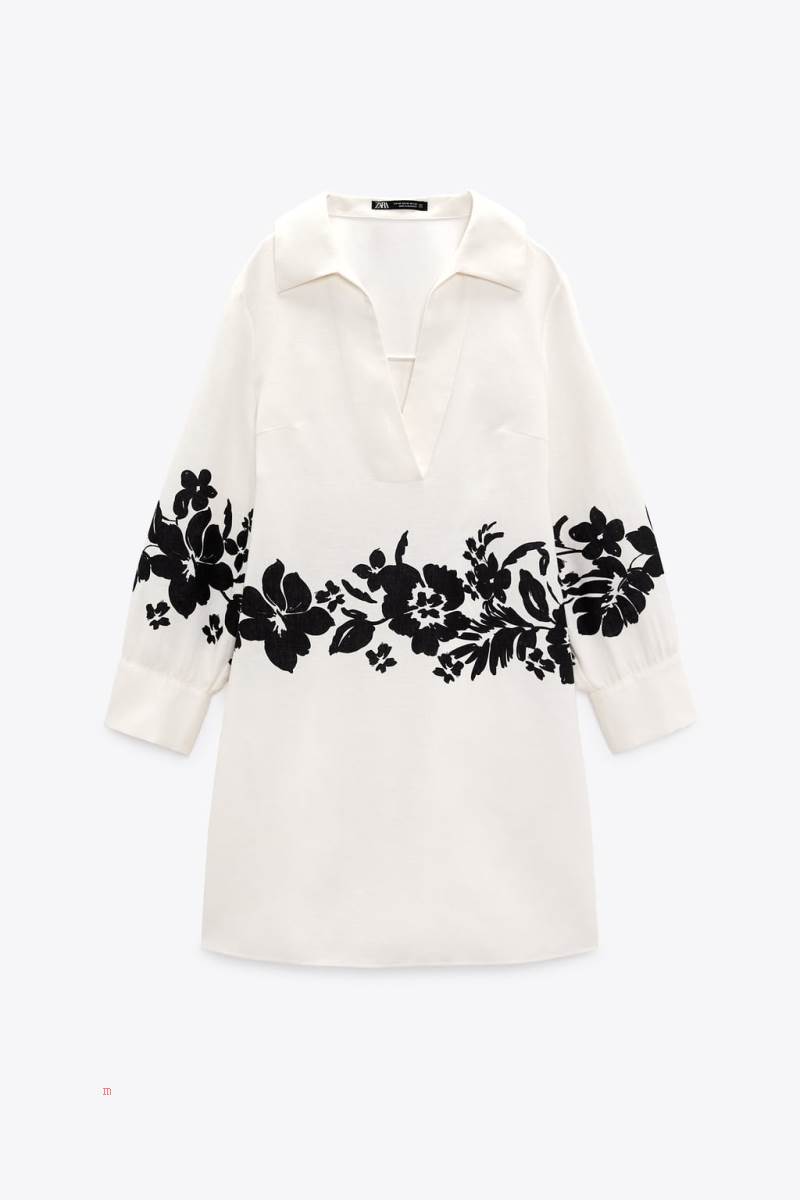 ZARA LINEN BLEND FLORAL PRINT Klänning Dam Svarta | BZOFE-2943