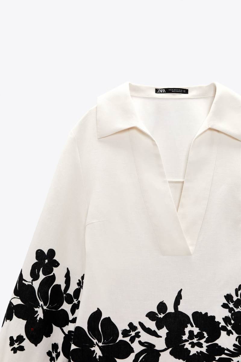 ZARA LINEN BLEND FLORAL PRINT Klänning Dam Svarta | BZOFE-2943