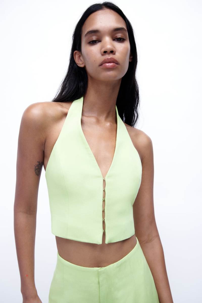 ZARA LINEN BLEND HALTERNECK Kostym Väst Dam Ljusgröna | YJFOT-5394