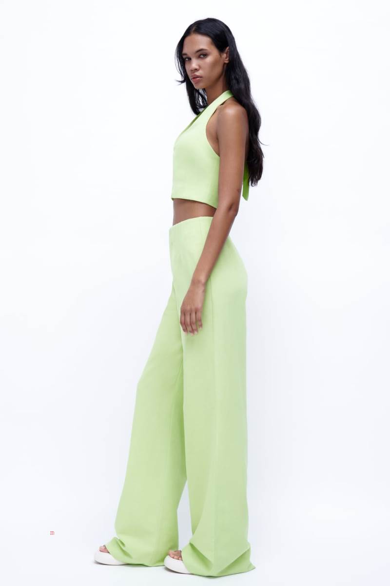ZARA LINEN BLEND HALTERNECK Kostym Väst Dam Ljusgröna | YJFOT-5394