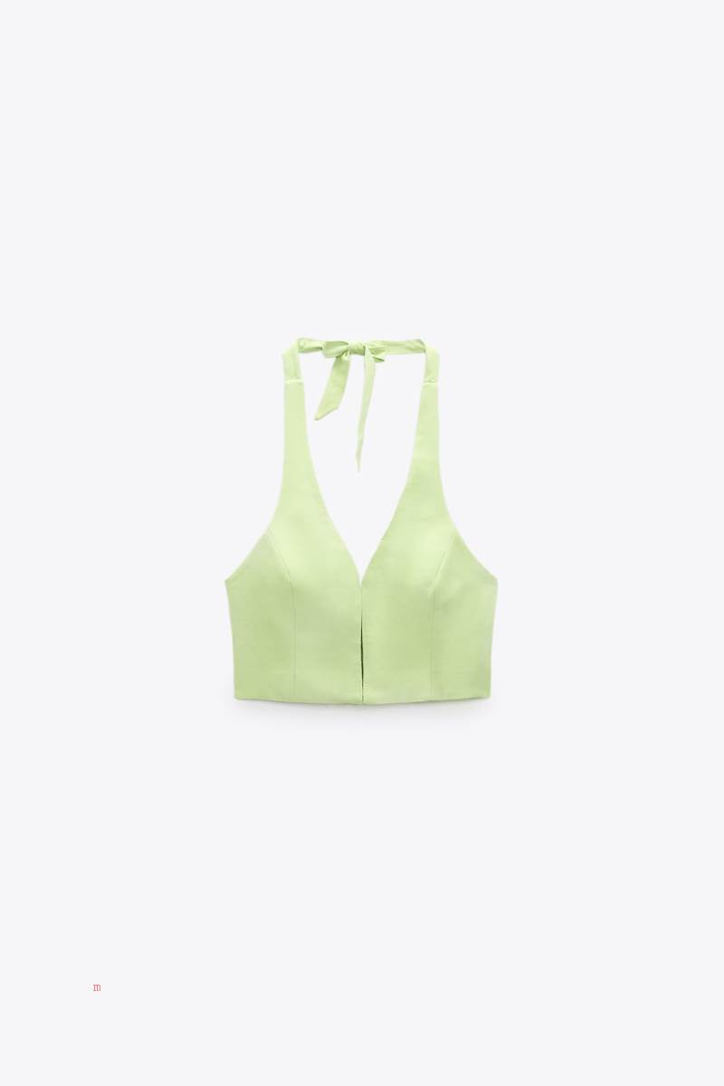 ZARA LINEN BLEND HALTERNECK Kostym Väst Dam Ljusgröna | YJFOT-5394