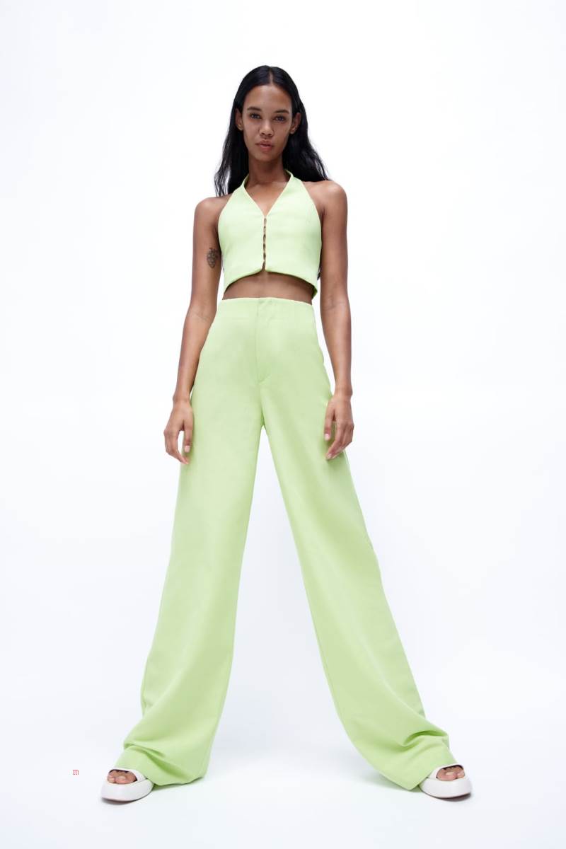 ZARA LINEN BLEND HALTERNECK Kostym Väst Dam Ljusgröna | YJFOT-5394