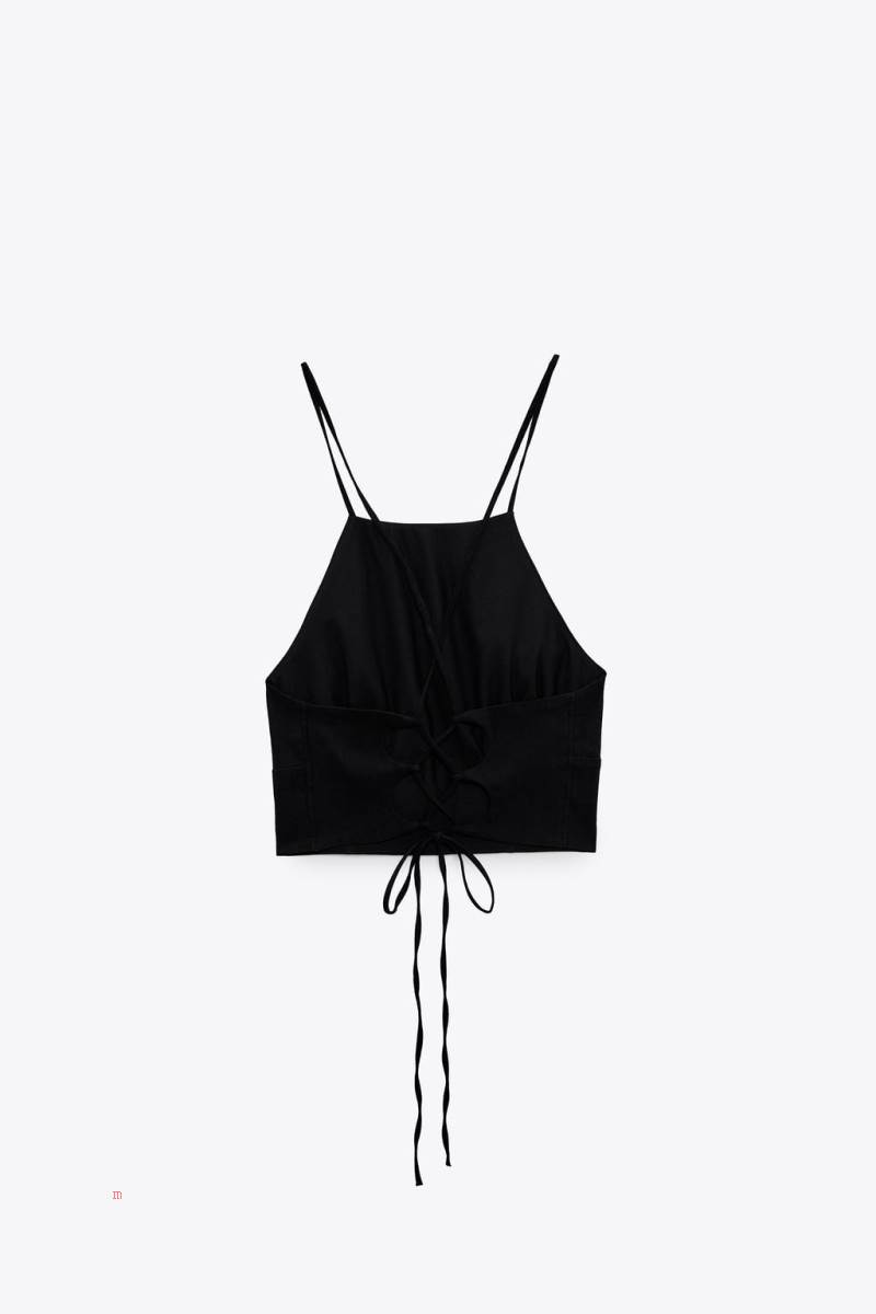 ZARA LINEN BLEND HALTER TOP Crop Top Dam Svarta | GUTDR-6371
