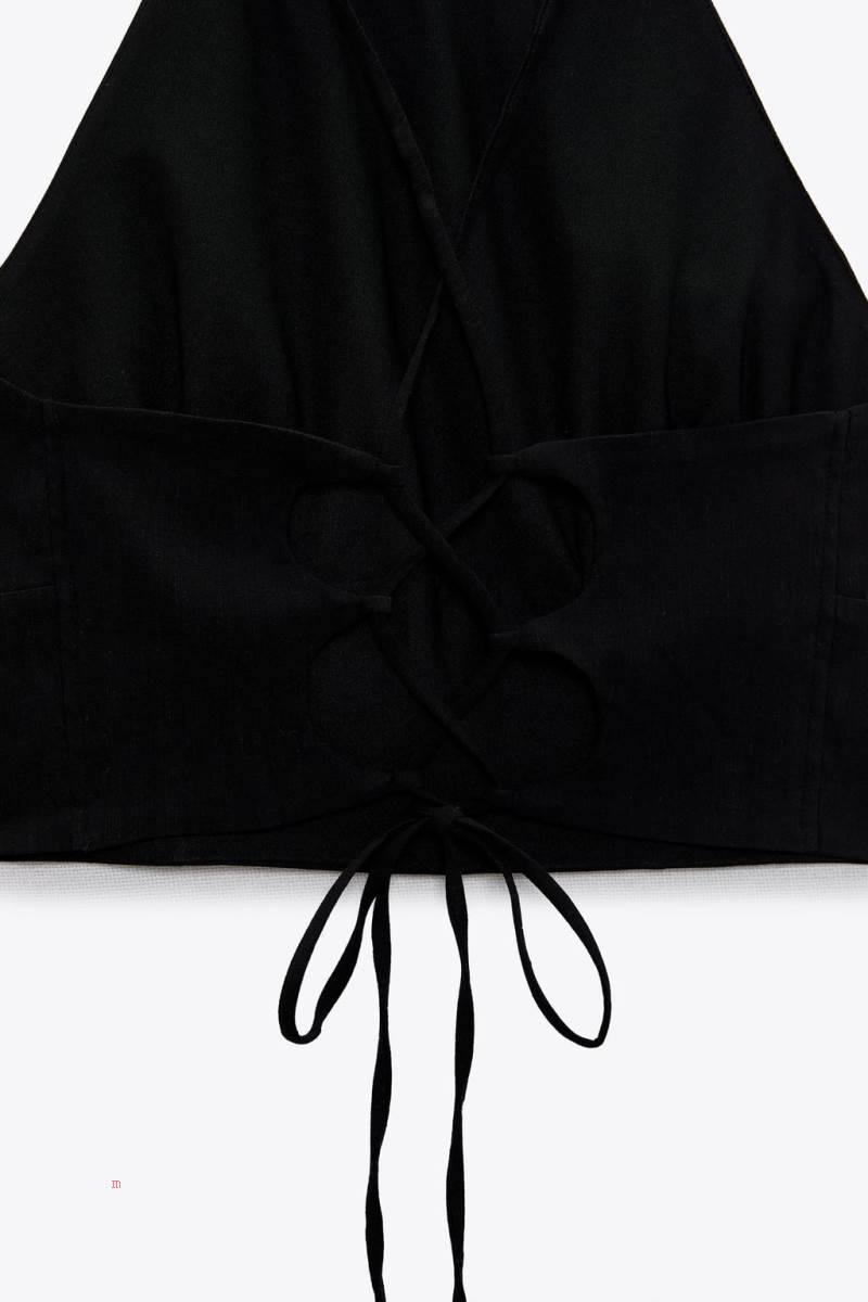 ZARA LINEN BLEND HALTER TOP Crop Top Dam Svarta | GUTDR-6371