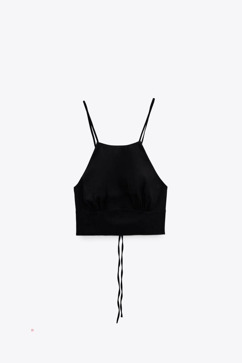 ZARA LINEN BLEND HALTER TOP Crop Top Dam Svarta | GUTDR-6371