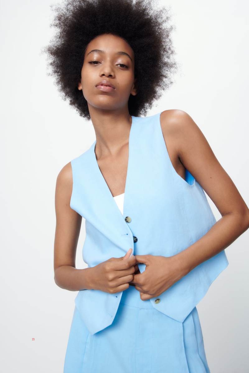 ZARA LINEN BLEND Kostym Väst Dam Blå | TPKFQ-1569
