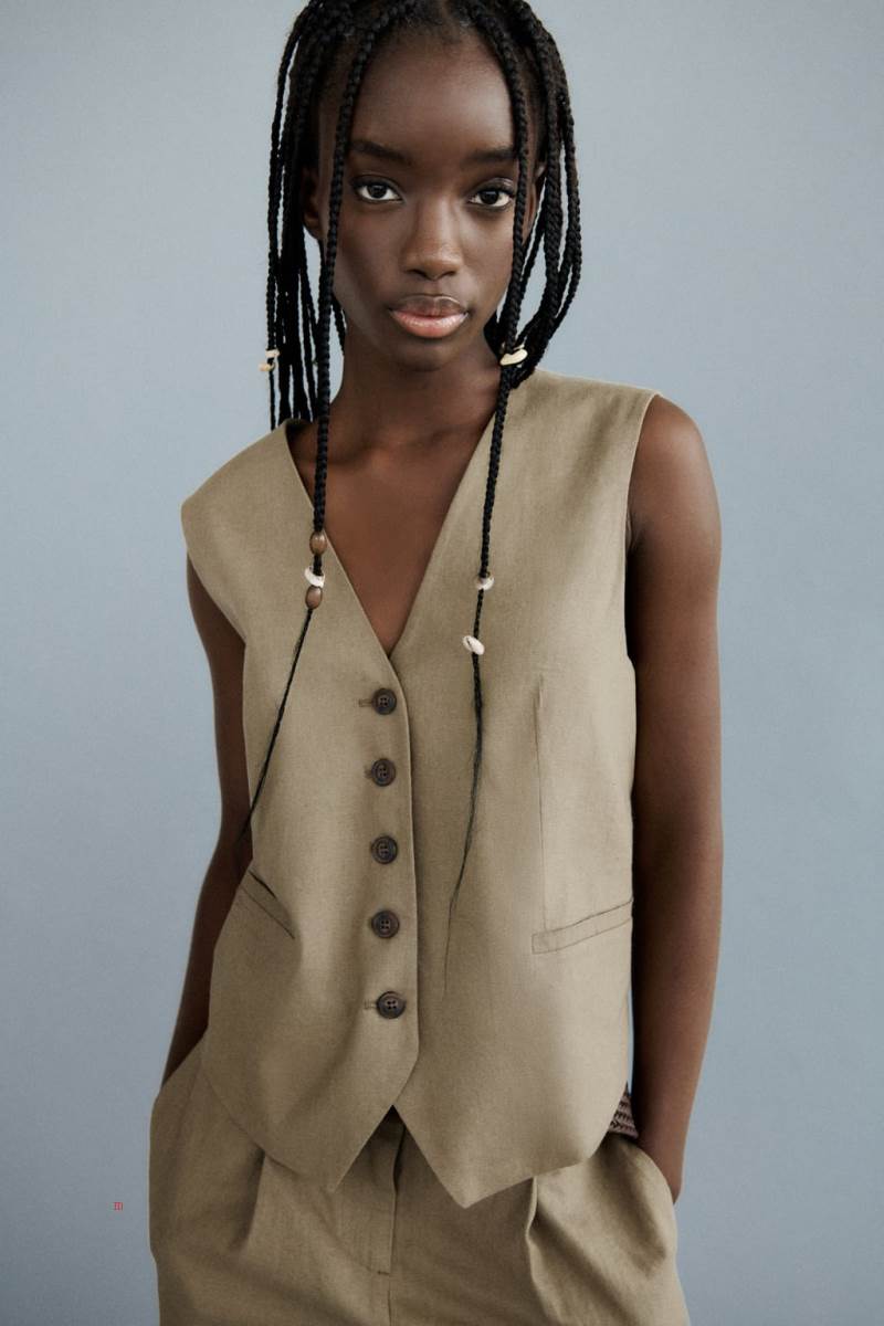 ZARA LINEN BLEND Kostym Väst Dam Khaki | ZMVFW-0619