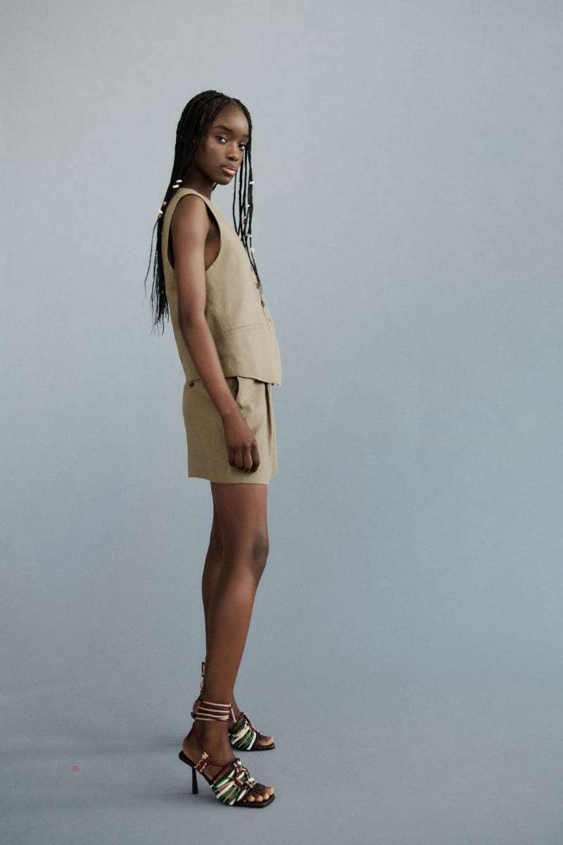 ZARA LINEN BLEND Kostym Väst Dam Khaki | ZMVFW-0619