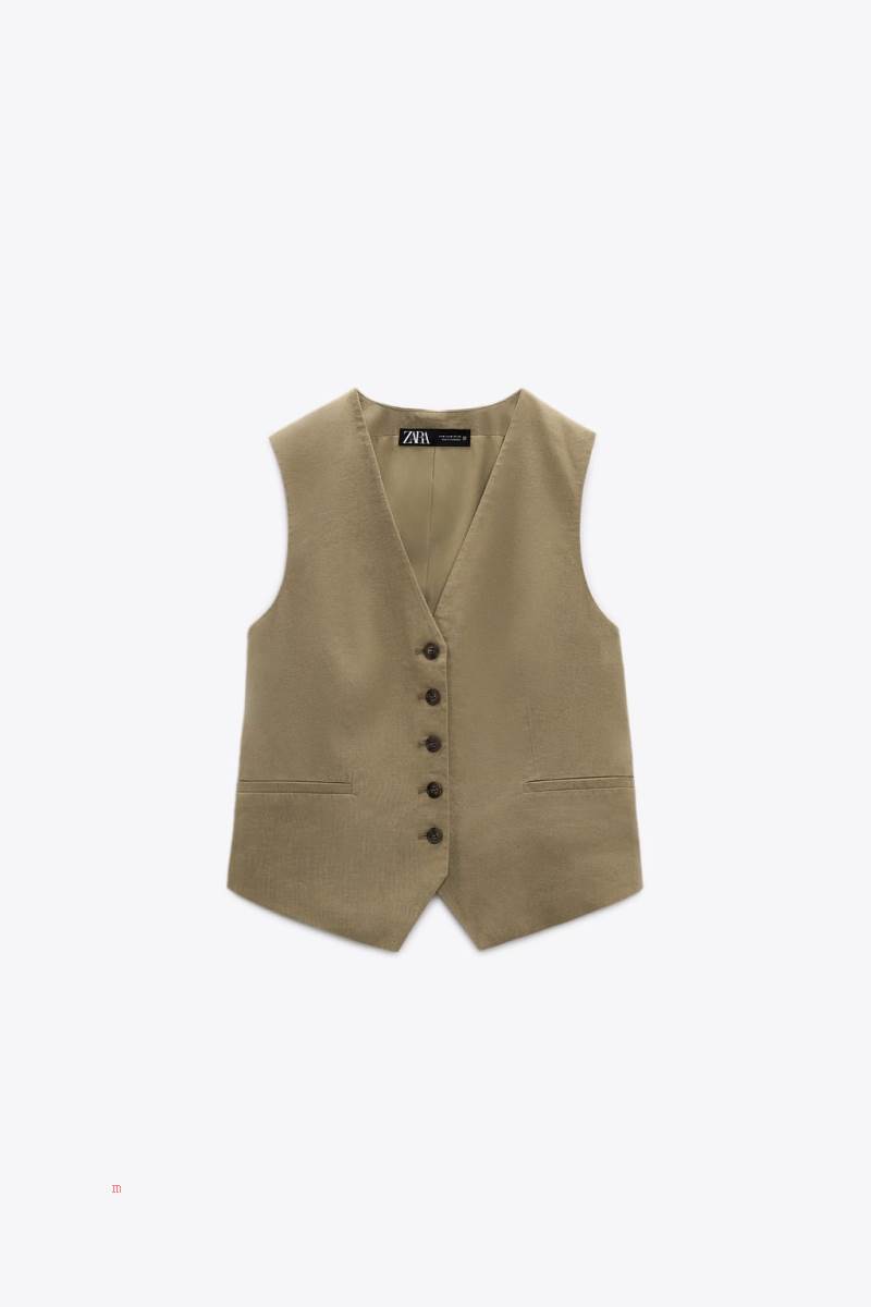 ZARA LINEN BLEND Kostym Väst Dam Khaki | ZMVFW-0619