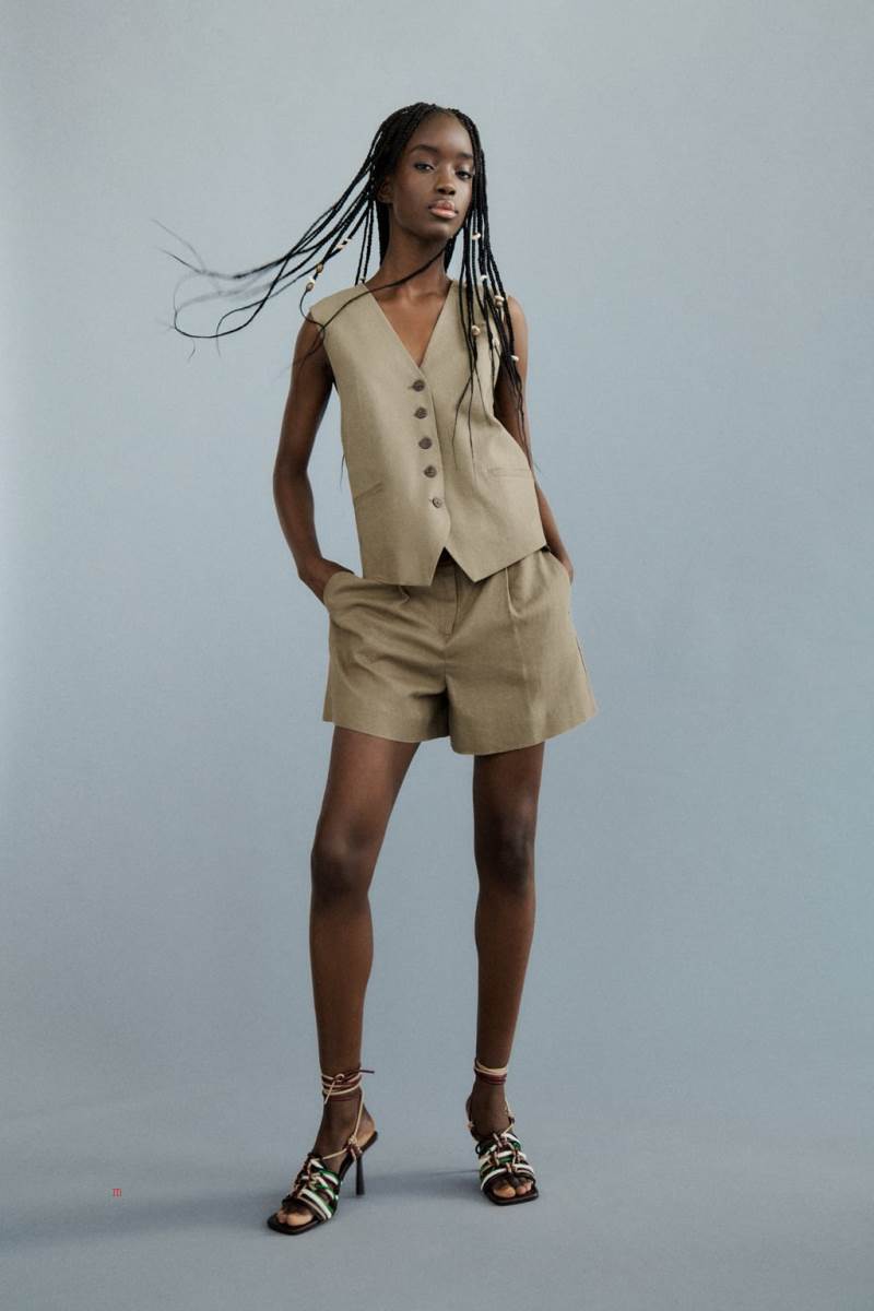ZARA LINEN BLEND Kostym Väst Dam Khaki | ZMVFW-0619