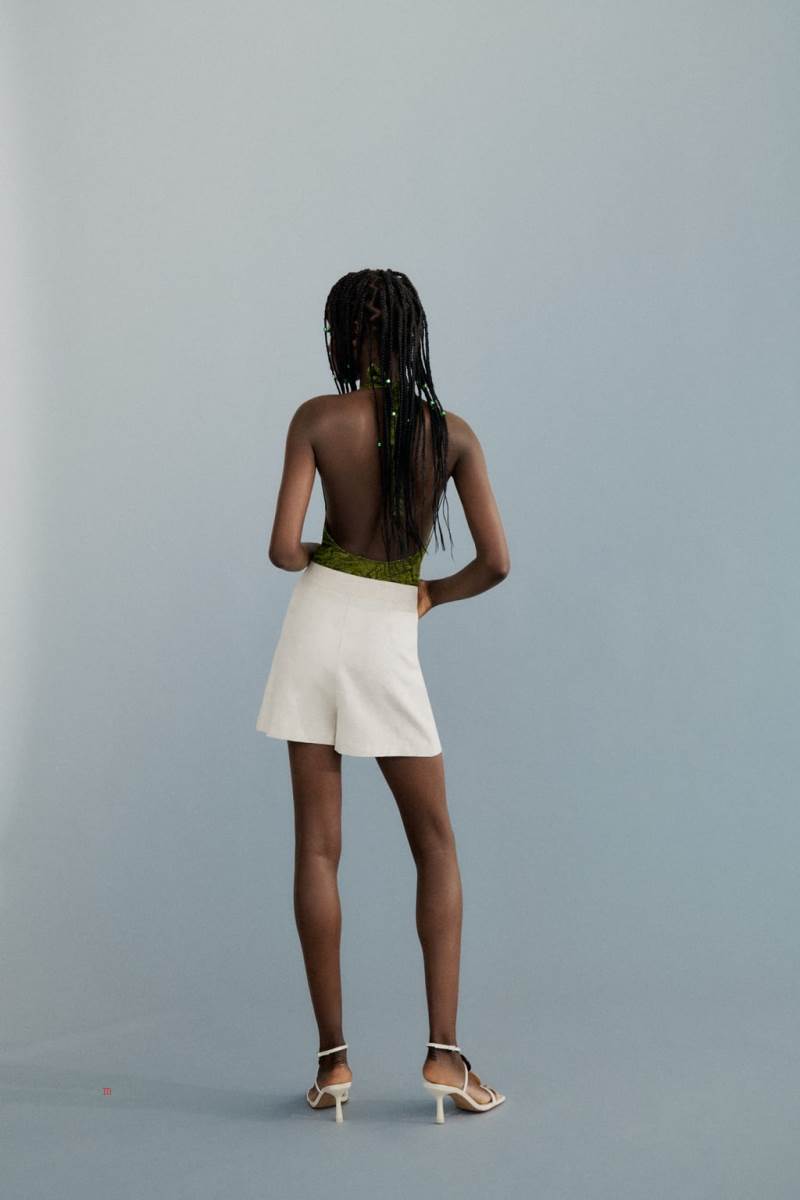 ZARA LINEN BLEND SKORT WITH COVERED BUTTONS Kjolar Dam Beige | JSNPA-5823