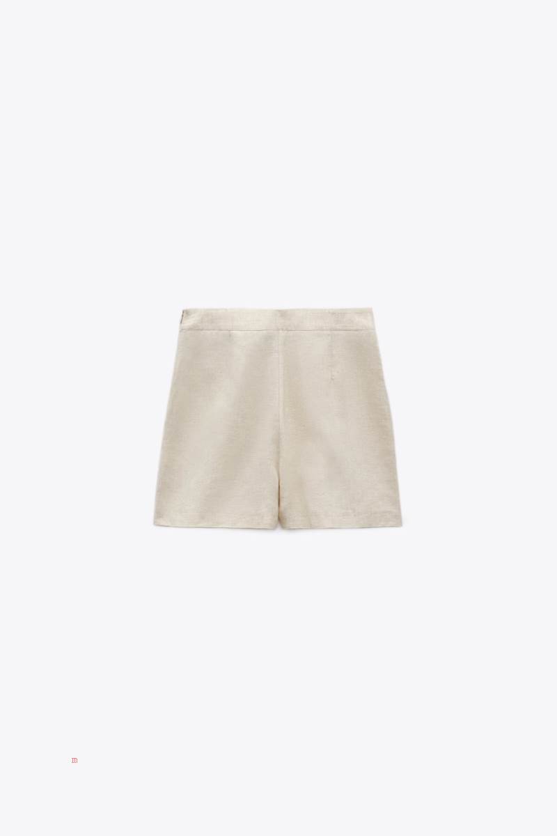 ZARA LINEN BLEND SKORT WITH COVERED BUTTONS Kjolar Dam Beige | JSNPA-5823