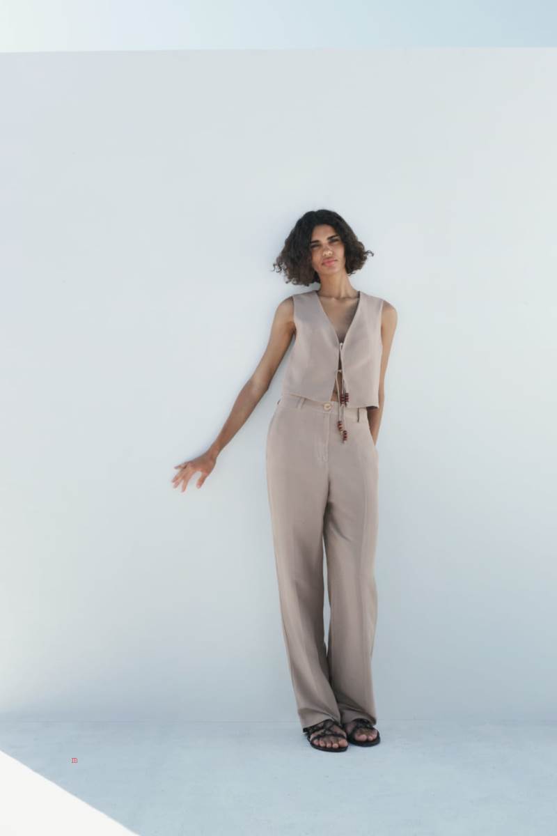 ZARA LINEN BLEND STRAIGHT Byxor Dam Bruna | ULBIY-7420