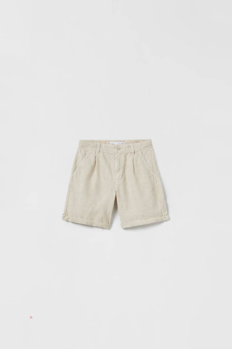 ZARA LINEN BLEND STRIPED BERMUDA Shorts Pojke Beige | CILYT-1428