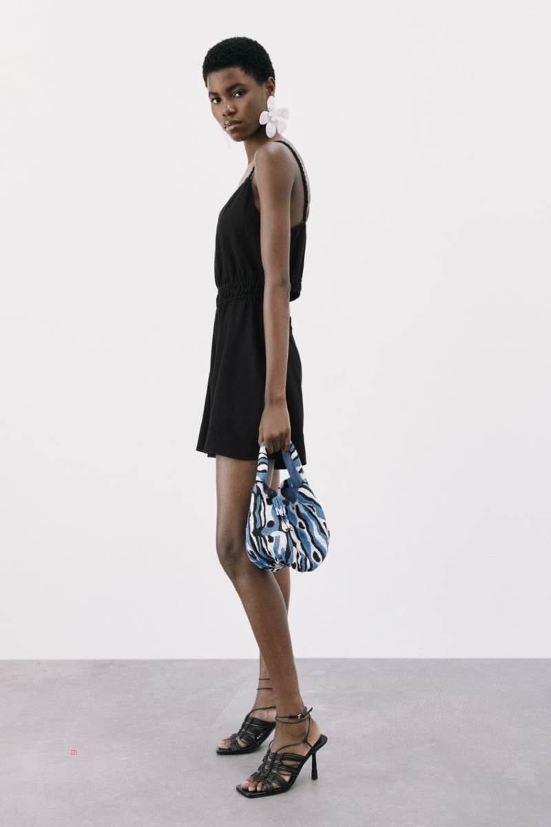 ZARA LINEN-BLEND WITH BRAIDED STRAPS Playsuit Dam Svarta | BMICX-4609