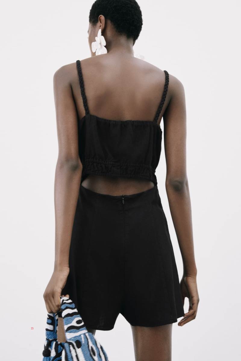 ZARA LINEN-BLEND WITH BRAIDED STRAPS Playsuit Dam Svarta | BMICX-4609