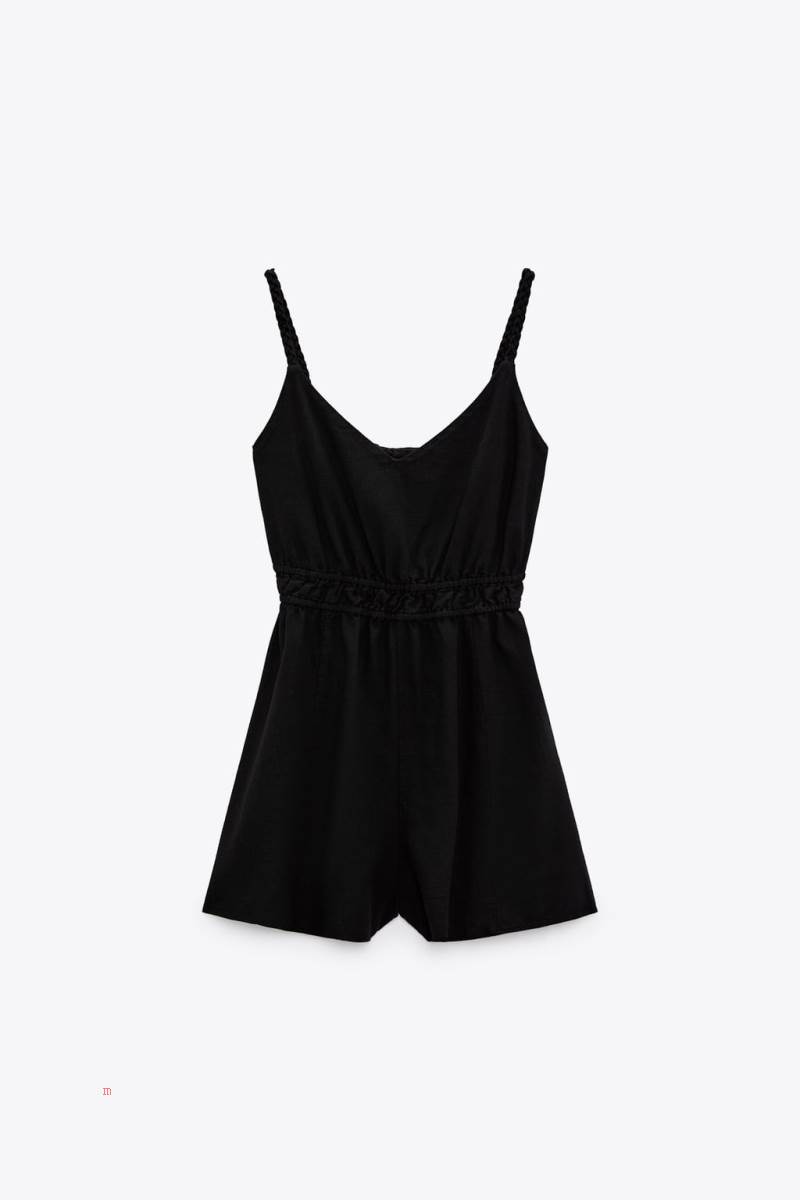 ZARA LINEN-BLEND WITH BRAIDED STRAPS Playsuit Dam Svarta | BMICX-4609