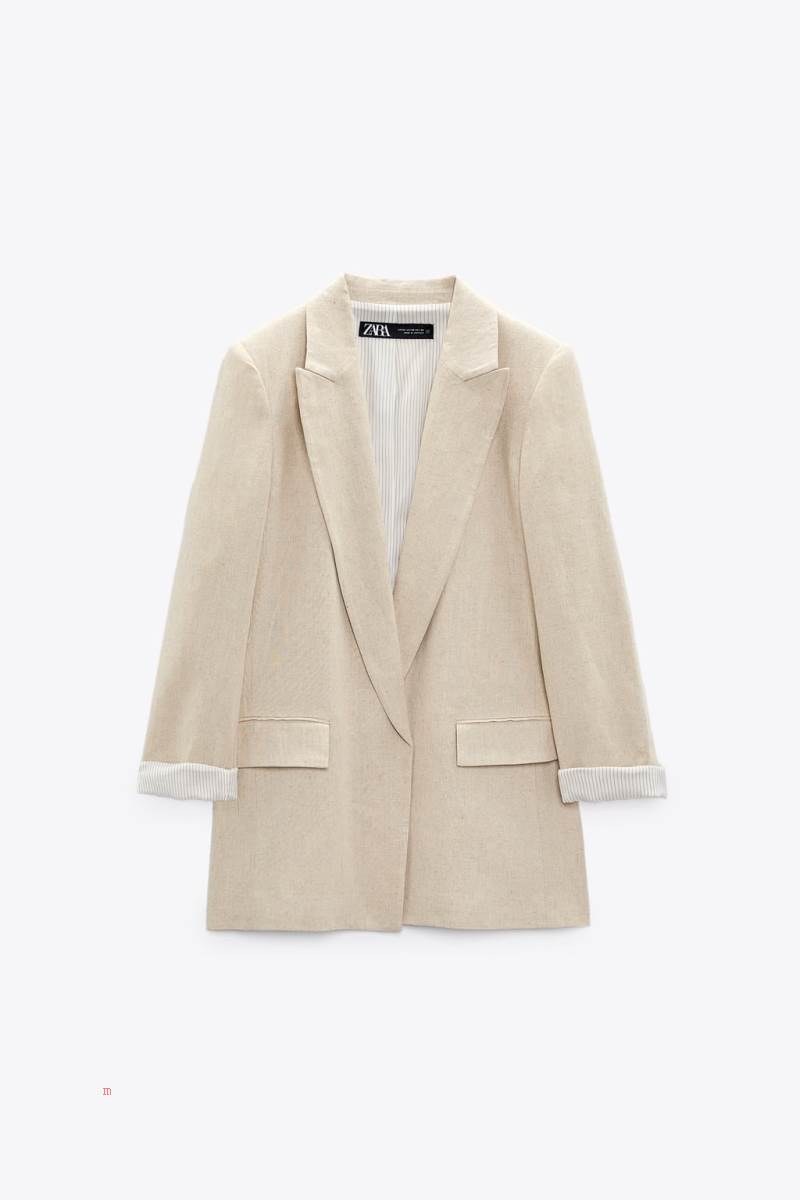 ZARA LINEN BLEND WITH PRINTED SLEEVES Blazers Dam Beige | XOAQH-2675