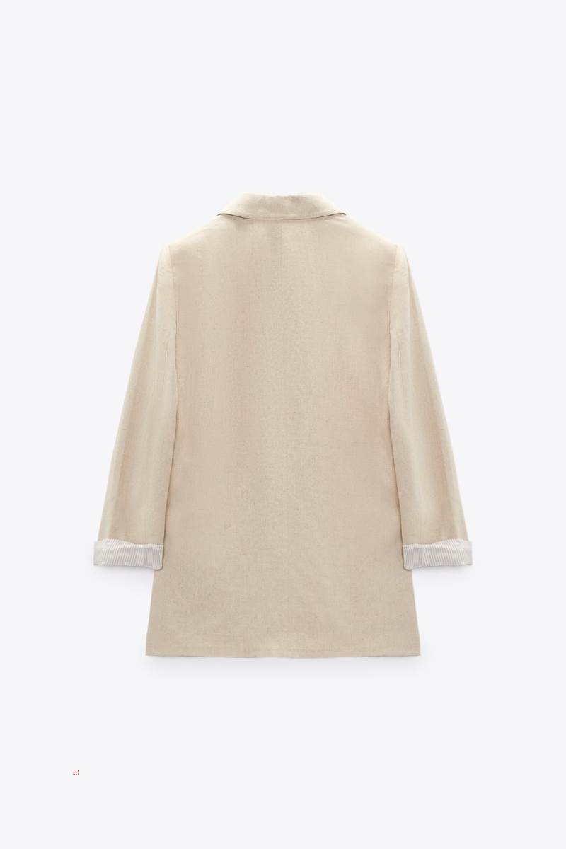ZARA LINEN BLEND WITH PRINTED SLEEVES Blazers Dam Beige | XOAQH-2675