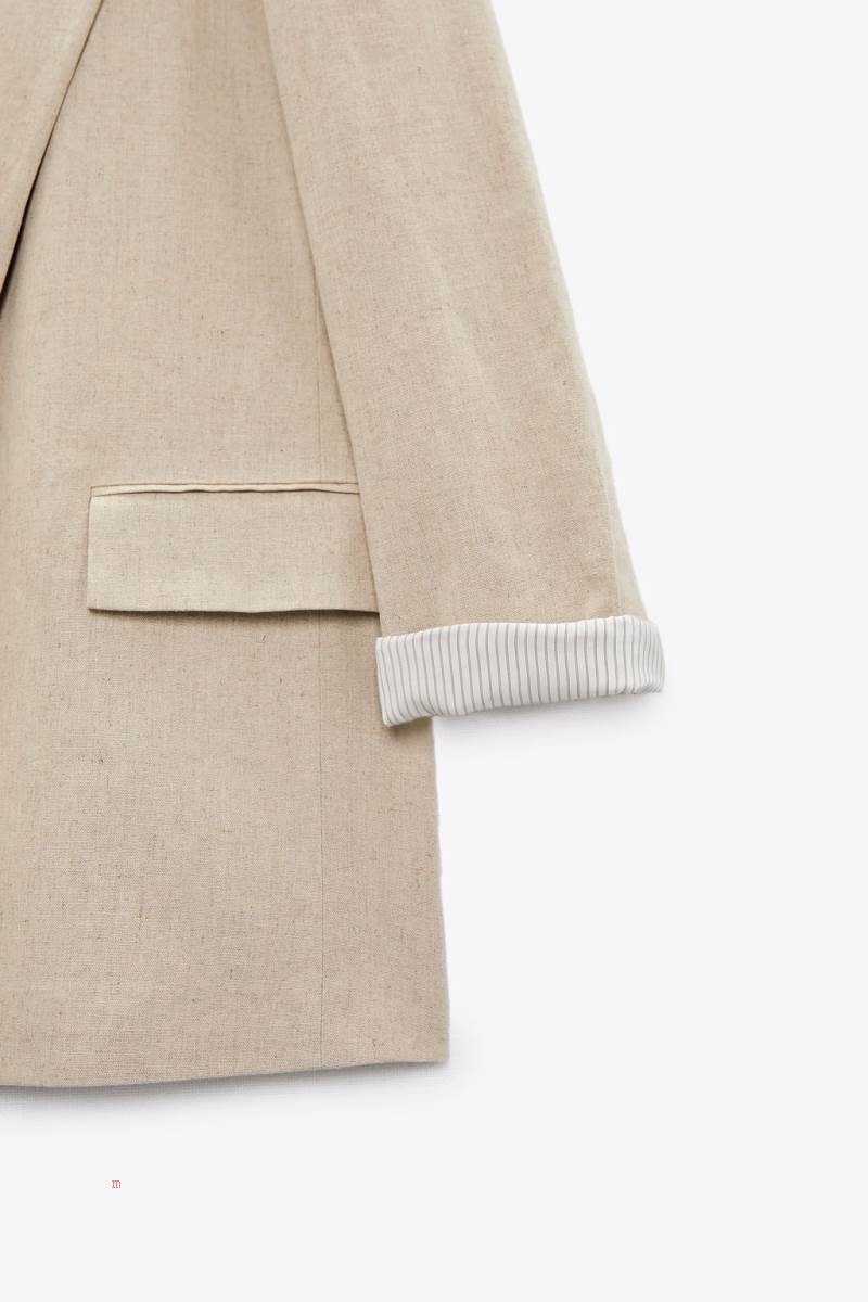 ZARA LINEN BLEND WITH PRINTED SLEEVES Blazers Dam Beige | XOAQH-2675