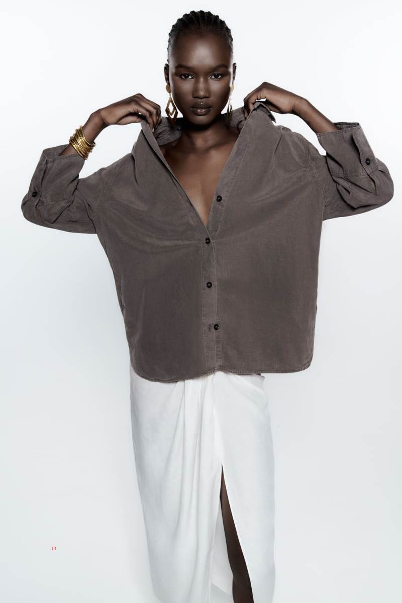 ZARA LINEN-BLEND WITH VENTS Skjorta Dam Mörkgrå | FZSKE-5689