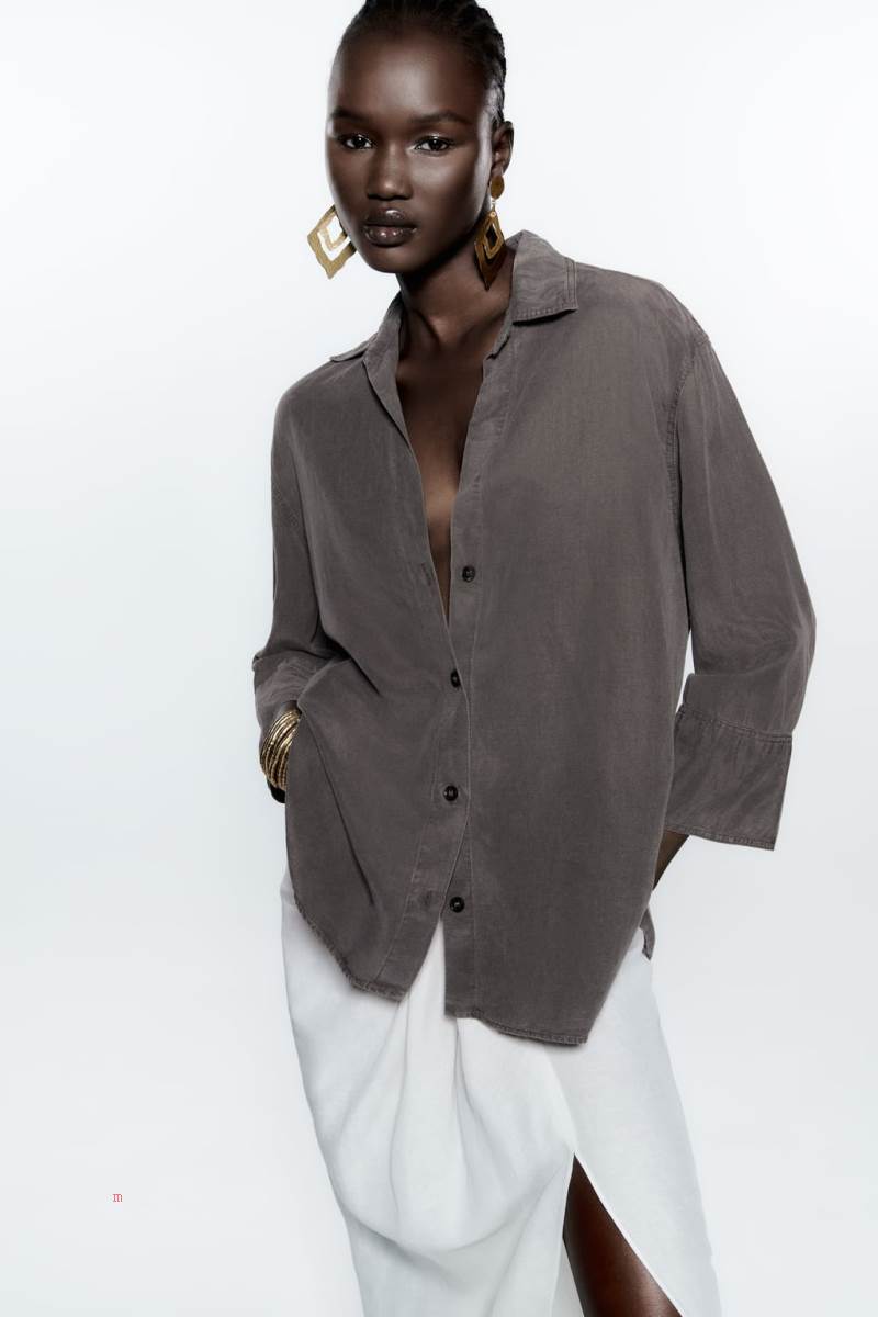 ZARA LINEN-BLEND WITH VENTS Skjorta Dam Mörkgrå | FZSKE-5689