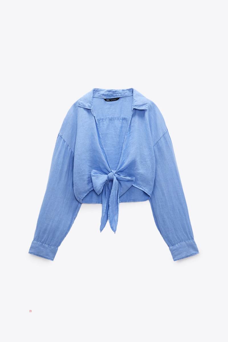 ZARA LINEN CROPPED Skjorta Dam Blå | KQCSP-2091
