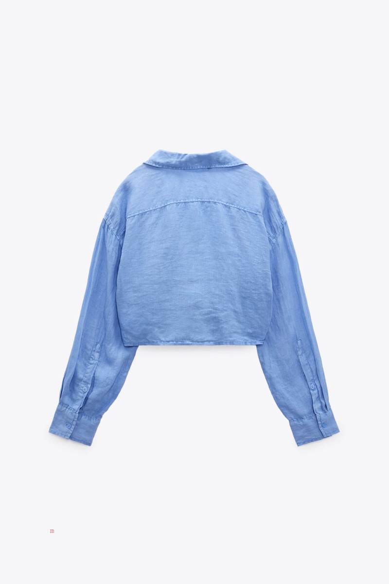 ZARA LINEN CROPPED Skjorta Dam Blå | KQCSP-2091
