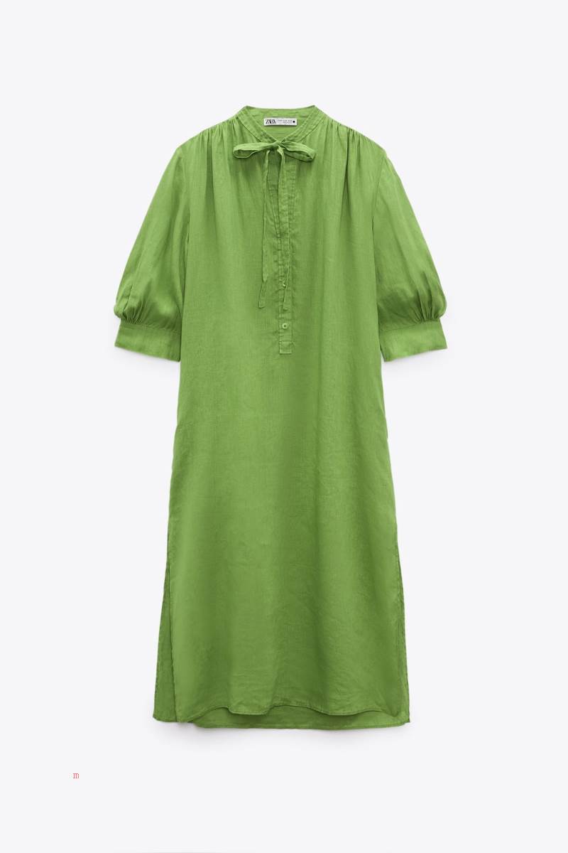 ZARA LINEN MAXI WITH TIES Klänning Dam Gröna | LIGAP-4621