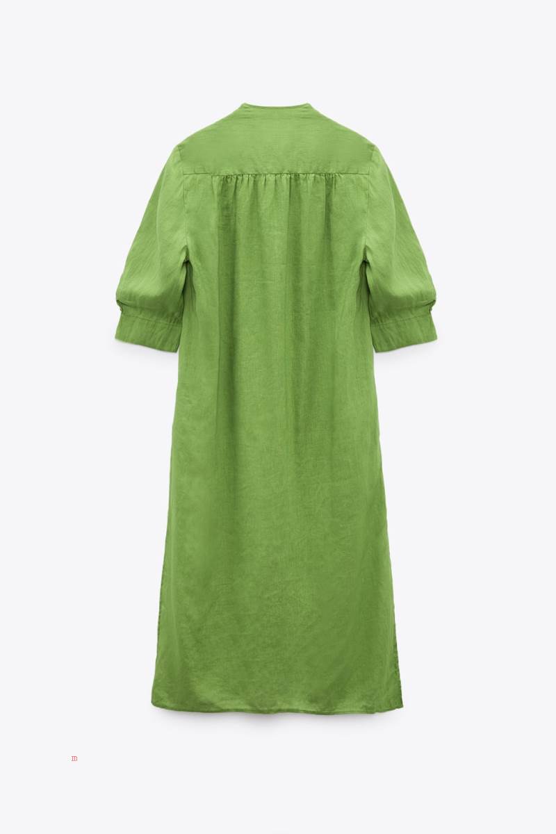 ZARA LINEN MAXI WITH TIES Klänning Dam Gröna | LIGAP-4621