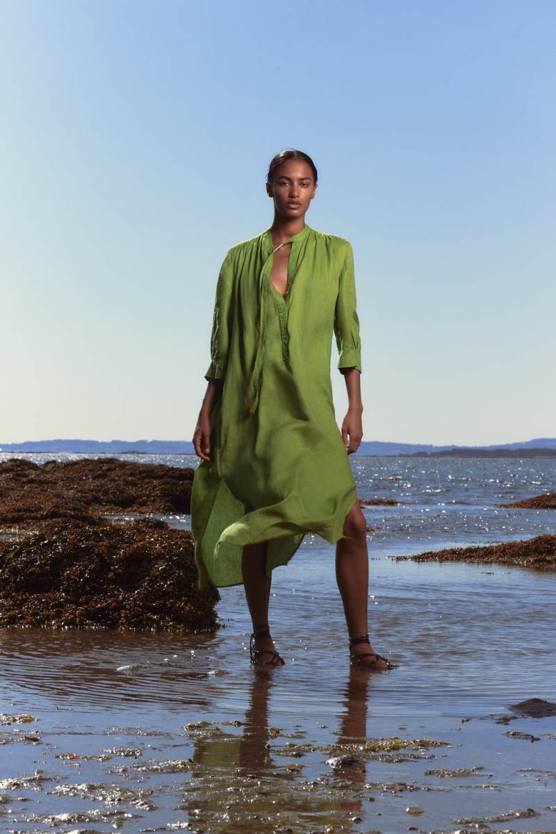 ZARA LINEN MAXI WITH TIES Klänning Dam Gröna | LIGAP-4621