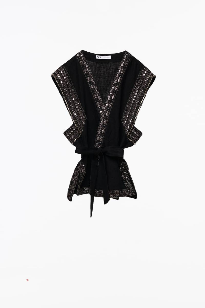 ZARA LINEN SEQUIN Kostym Väst Dam Svarta | JXMEI-6492