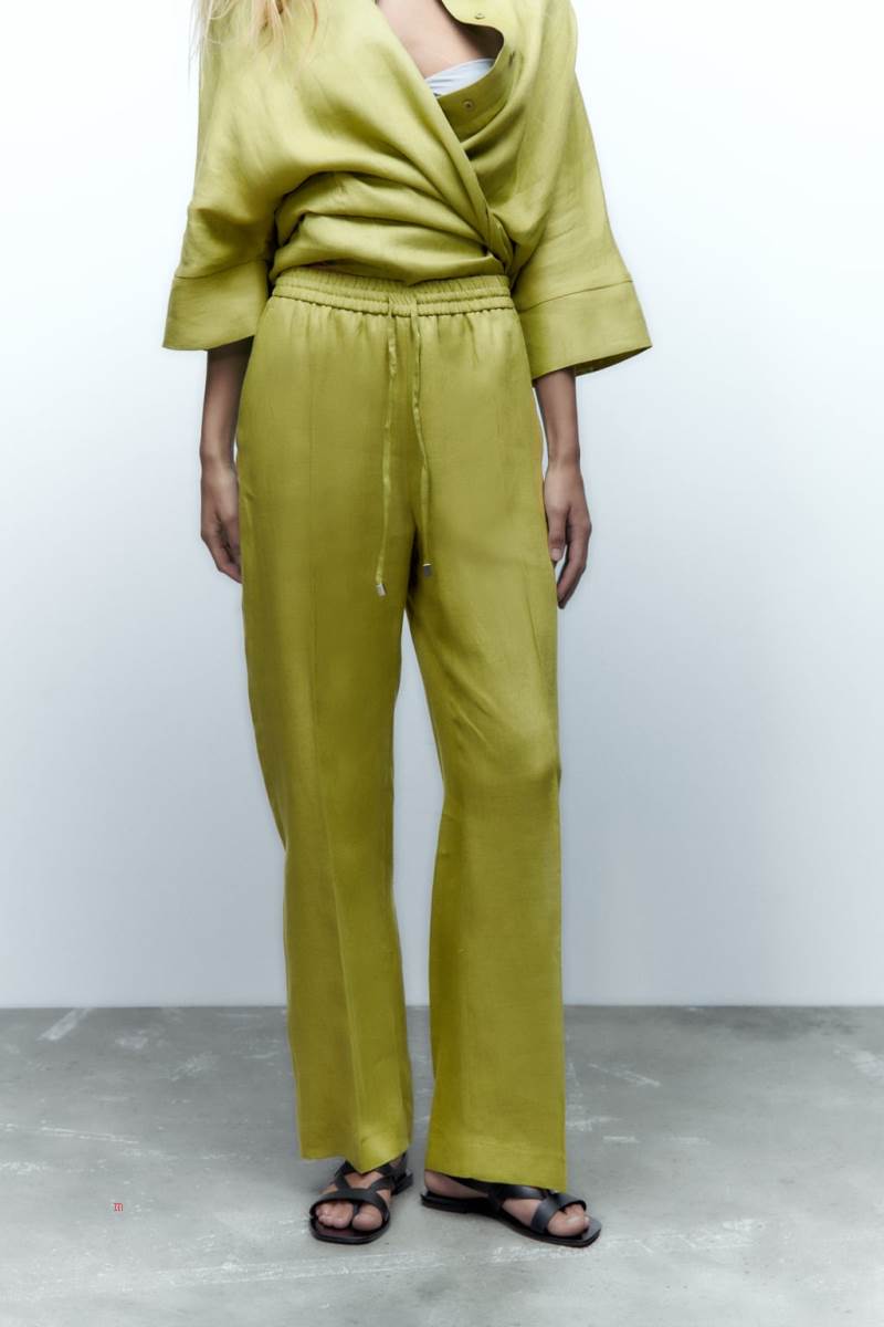 ZARA LINEN WIDE-LEG Byxor Dam Olivgröna Gröna | DSMWN-6073