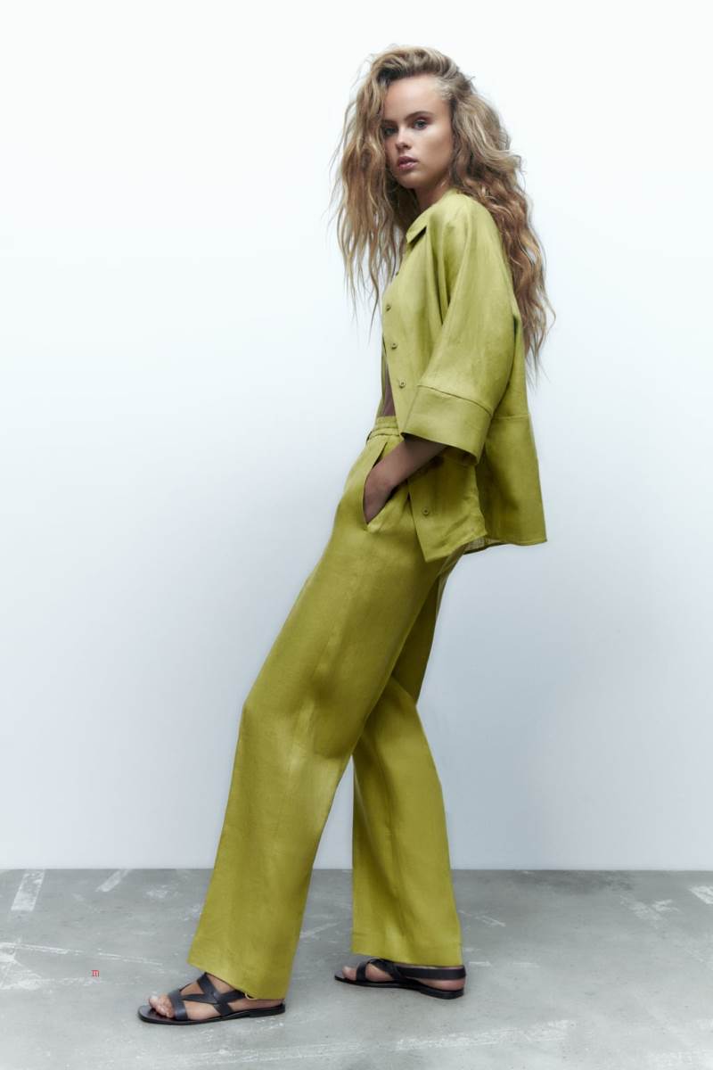 ZARA LINEN WIDE-LEG Byxor Dam Olivgröna Gröna | DSMWN-6073