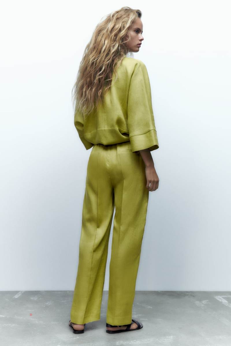 ZARA LINEN WIDE-LEG Byxor Dam Olivgröna Gröna | DSMWN-6073