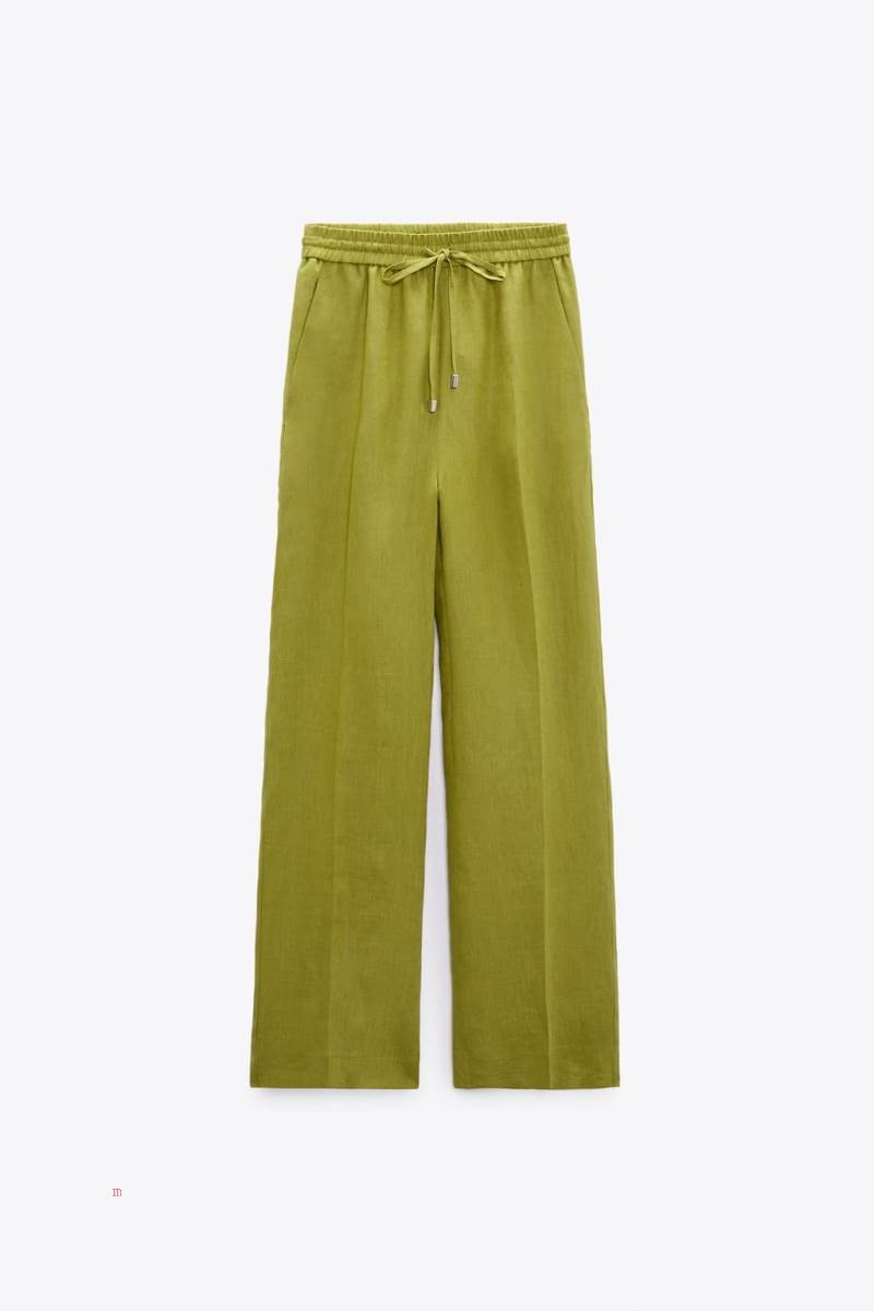 ZARA LINEN WIDE-LEG Byxor Dam Olivgröna Gröna | DSMWN-6073
