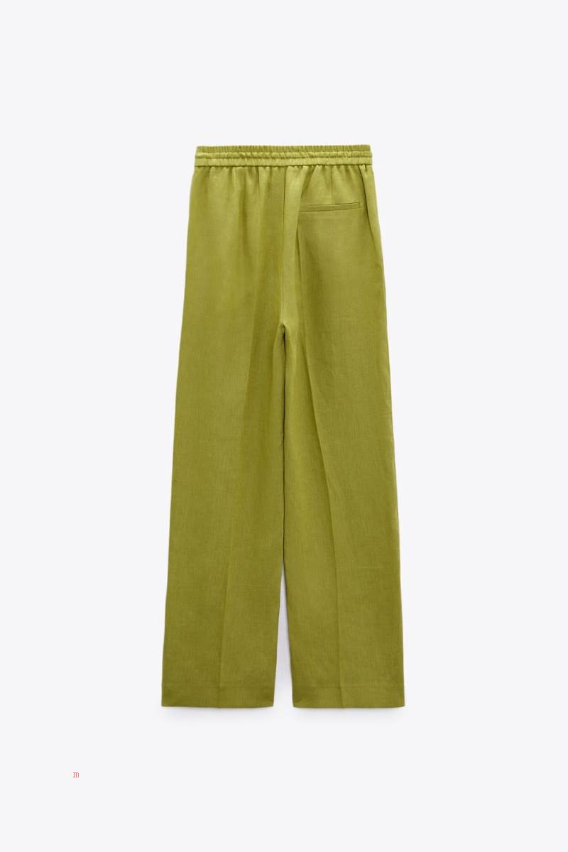 ZARA LINEN WIDE-LEG Byxor Dam Olivgröna Gröna | DSMWN-6073