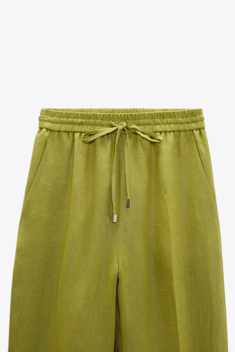 ZARA LINEN WIDE-LEG Byxor Dam Olivgröna Gröna | DSMWN-6073