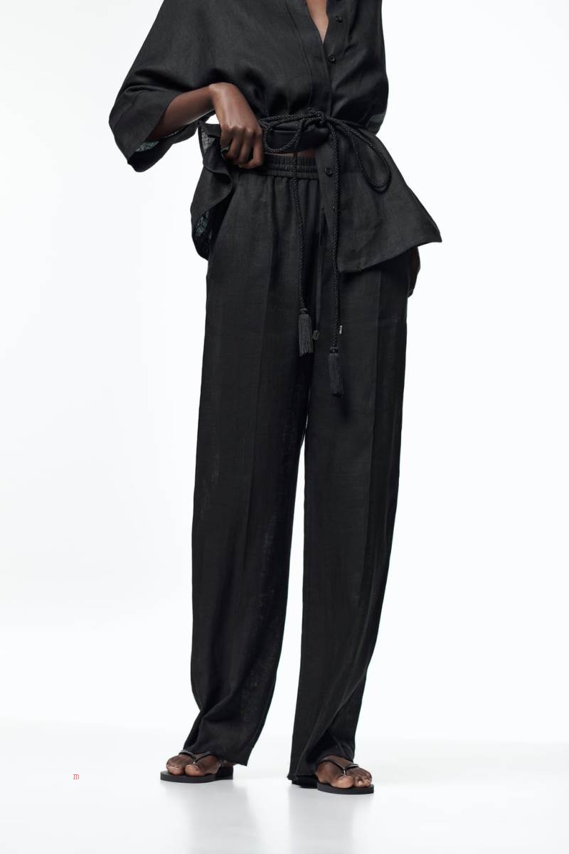 ZARA LINEN WIDE-LEG Byxor Dam Svarta | YUZMA-4785