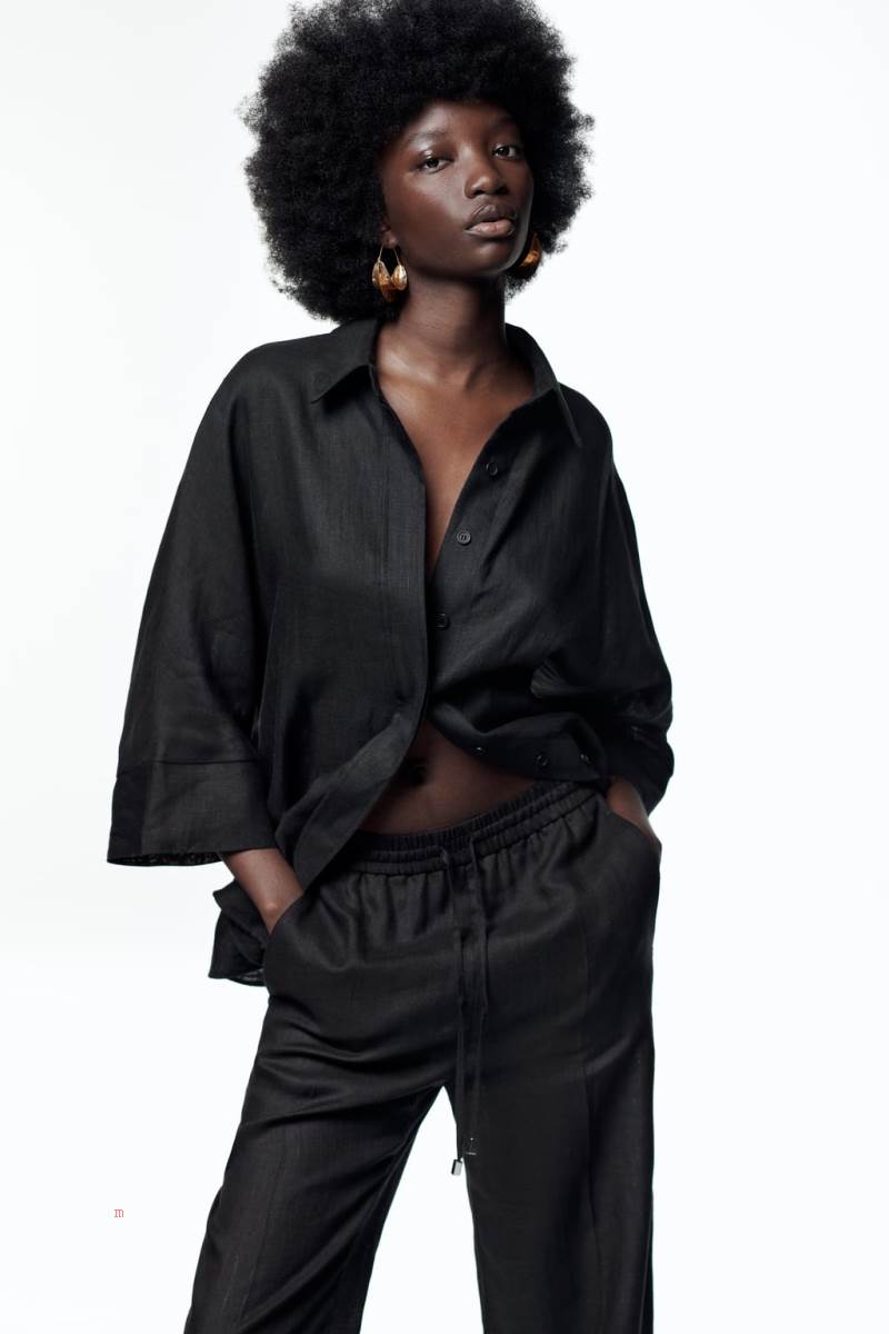 ZARA LINEN WIDE-LEG Byxor Dam Svarta | YUZMA-4785
