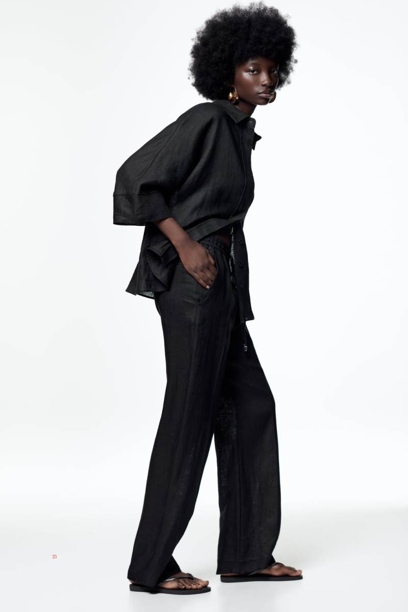 ZARA LINEN WIDE-LEG Byxor Dam Svarta | YUZMA-4785