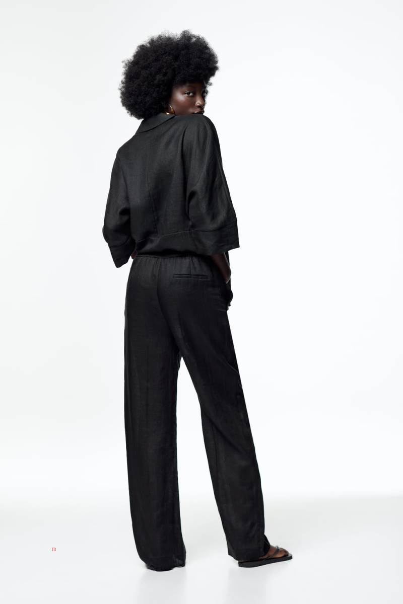 ZARA LINEN WIDE-LEG Byxor Dam Svarta | YUZMA-4785