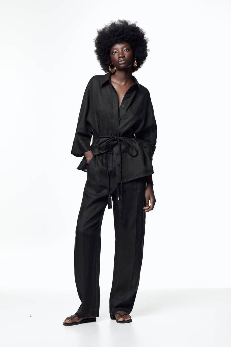 ZARA LINEN WIDE-LEG Byxor Dam Svarta | YUZMA-4785