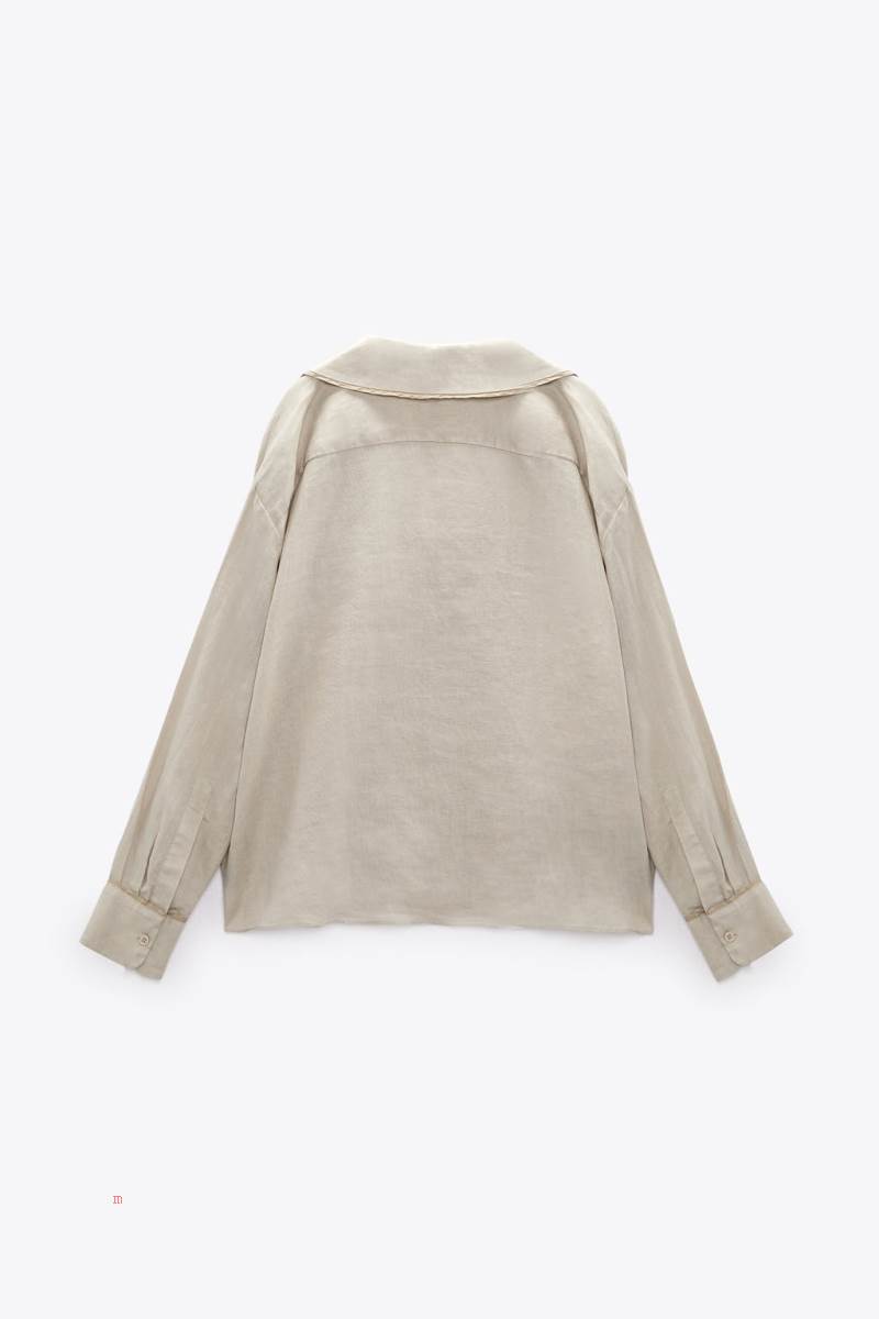 ZARA LINEN WITH PIPING Skjorta Dam Grå | GCFUS-0928