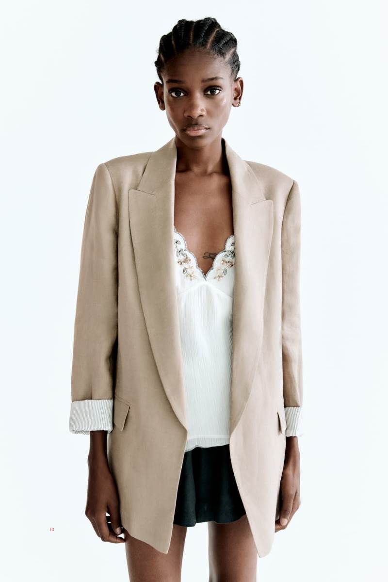 ZARA LINEN WITH PRINTED SLEEVES Blazers Dam Beige | YTJDV-7013