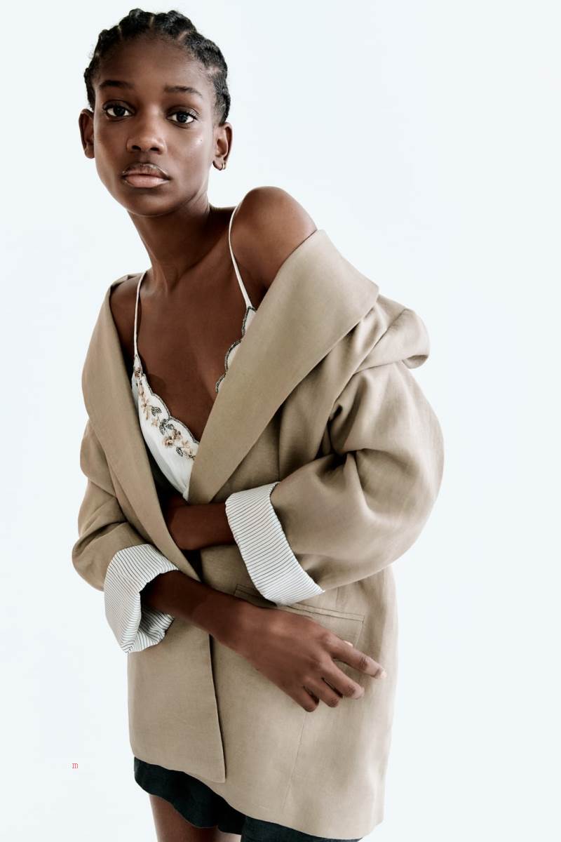 ZARA LINEN WITH PRINTED SLEEVES Blazers Dam Beige | YTJDV-7013