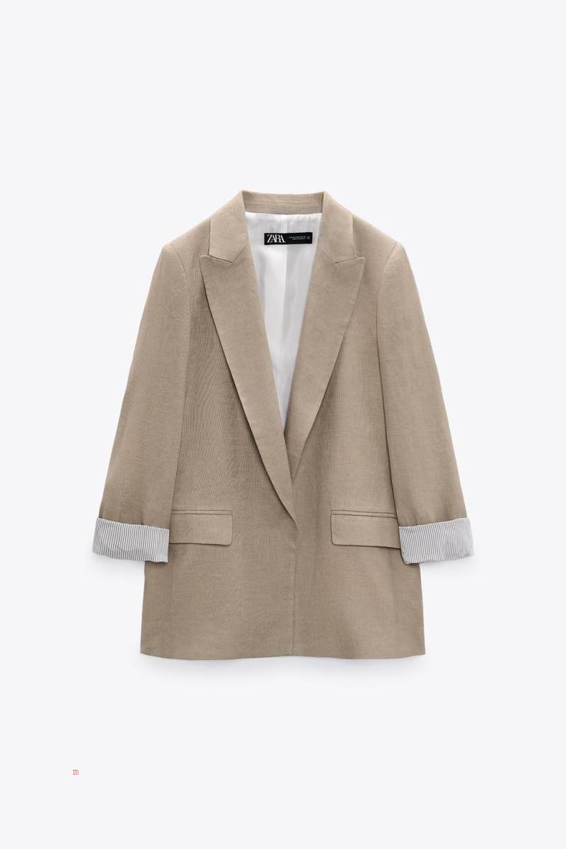 ZARA LINEN WITH PRINTED SLEEVES Blazers Dam Beige | YTJDV-7013